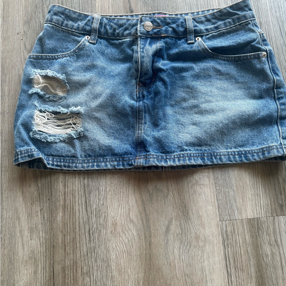 Edikted Blue Distressed Denim Mini Skirt